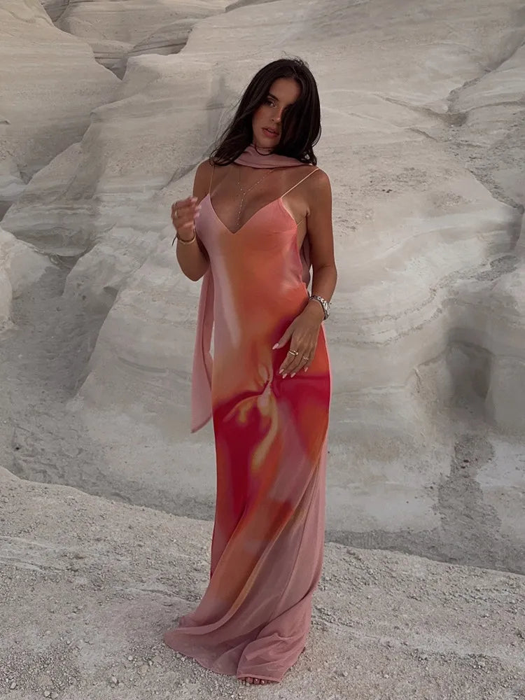 UNIZERA Scarf Printed Backless Long Dress 2025 Summer New Arrivals Women's Wear Elegant Satin Textured Dress Aviola
