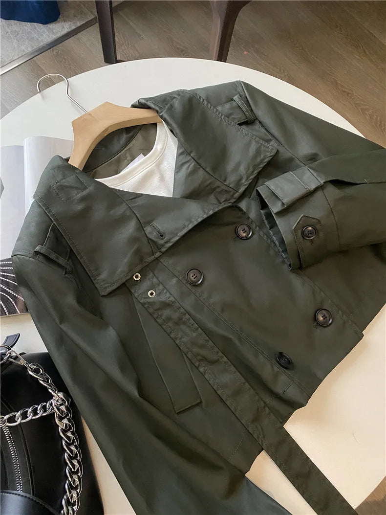 RARF 2024 autumn new women's fashion pocket double breasted waxed leather short trench coat women's top coat Aviola