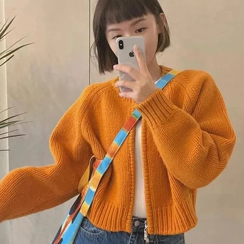 MEXZT Solid Knitted Cardigan Women Sweet Zipper Cropped Sweaters Korean Vintage Casual Knitwear Coat Loose Short Jumpers Jackets Aviola