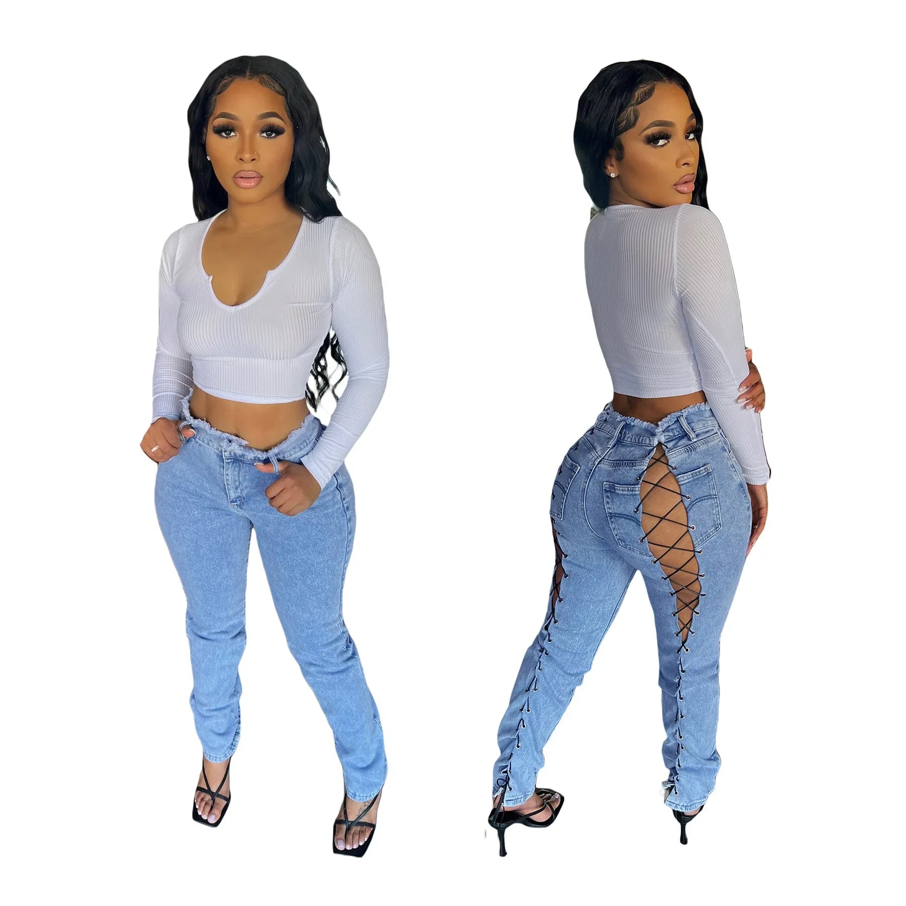Ankle Length Jeans Hollow Spliced Sexy Jean Pencil Denim Pants Women Solid Washed Skinny Pockets High Waist Punk Style 2025 Aviola