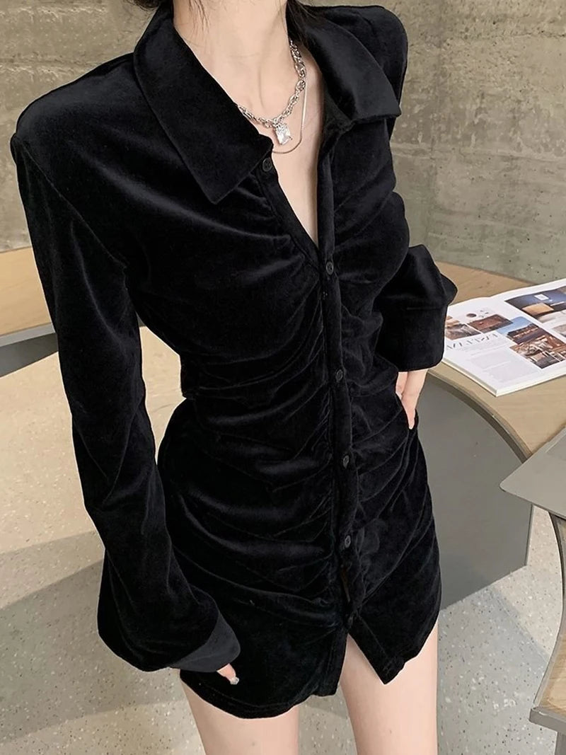 MEXZT Vintage Shirts Women Black Velvet Pleated Blouses Korean Elegant Folds Turn Down Collar Long Sleeve Slim Chic Casual Tops Aviola