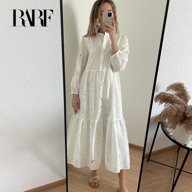 RARF  vestido elegante de encaje bordado para mujer, vestido blanco de empalme, Floral, ahuecado, suelto, informal, para fiesta Aviola