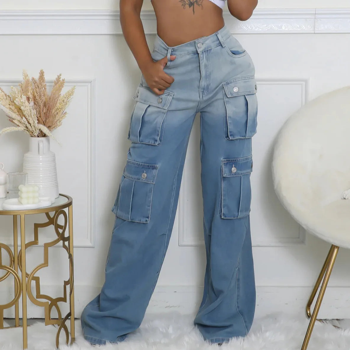 Jeans Women Denim Long Pant Cargo Pants Gradation Pockets High Waist Straight Trousers Y2k Streetwear Party Club Casual Loose Aviola