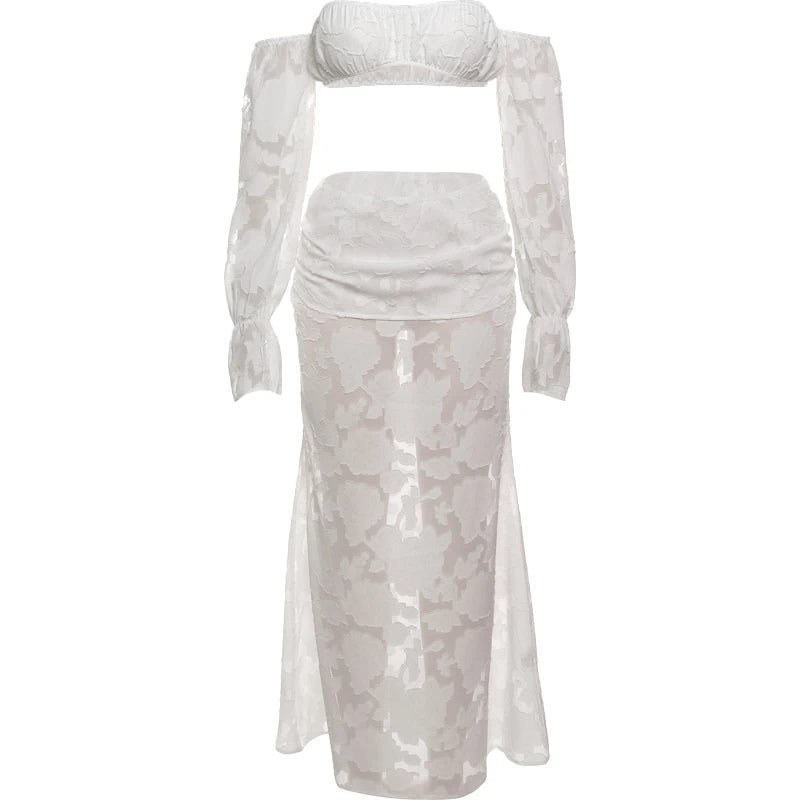 Nibber Beach Party Mesh Patchwork 2 Piece Set Women Sexy Slash Neck Flared Sleeve Crop Tops+A-Line Long Skirts Elegant Suits Aviola
