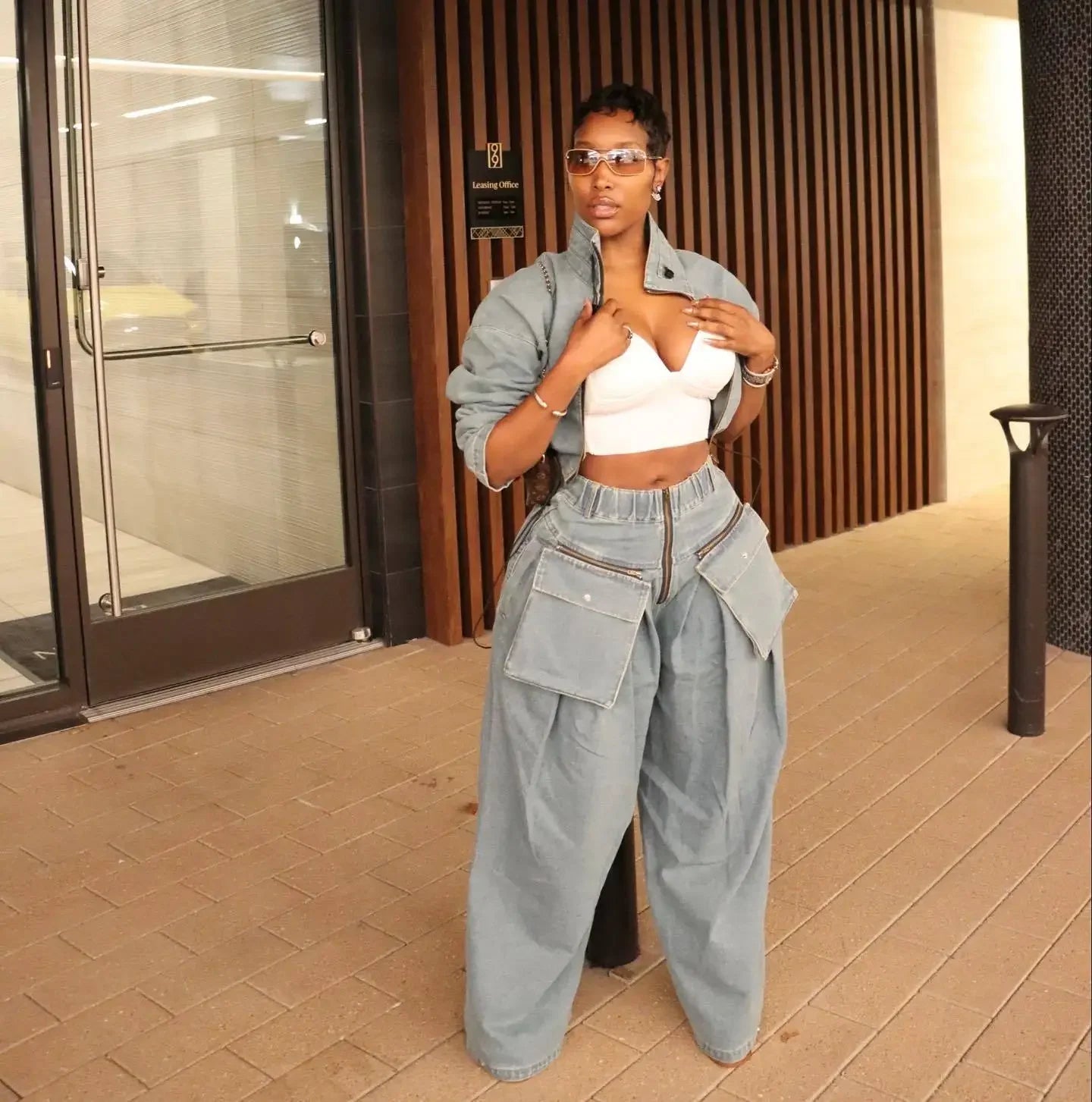 Denim Two Piece Sets Women Coat Jacket Wide Leg Pants Jeans Suits Matching Sets Trousers Outfits 2025 Y2k Streetwear Party Aviola