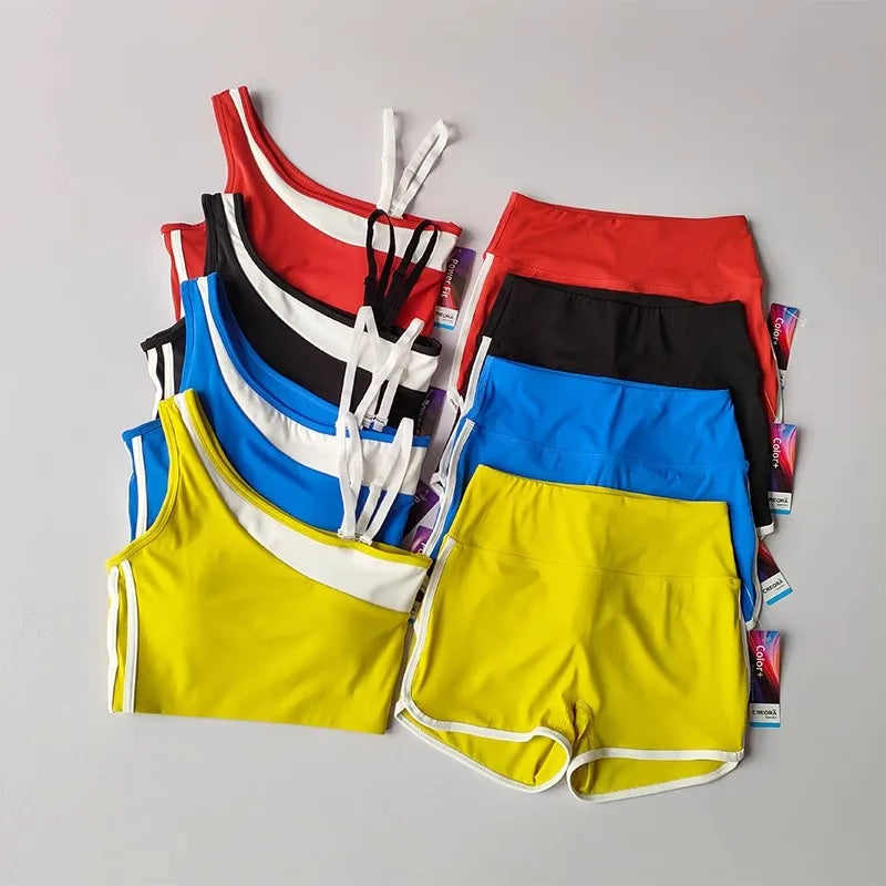 2 Pieces Yoga Suit for Women Splicing Color Fitness Gym Clothes Halter Sports Bra Matching Impact Shorts Workout Sets Gym Outfit Aviola