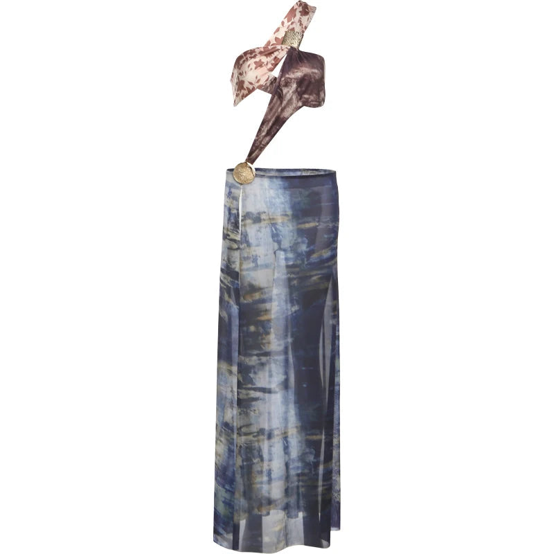 Nibber Summer Metal Patchwork Irregular Hollow Dress Women Fashion Print Sexy Backless High Splits Vacation Wild Long Bodycon Aviola