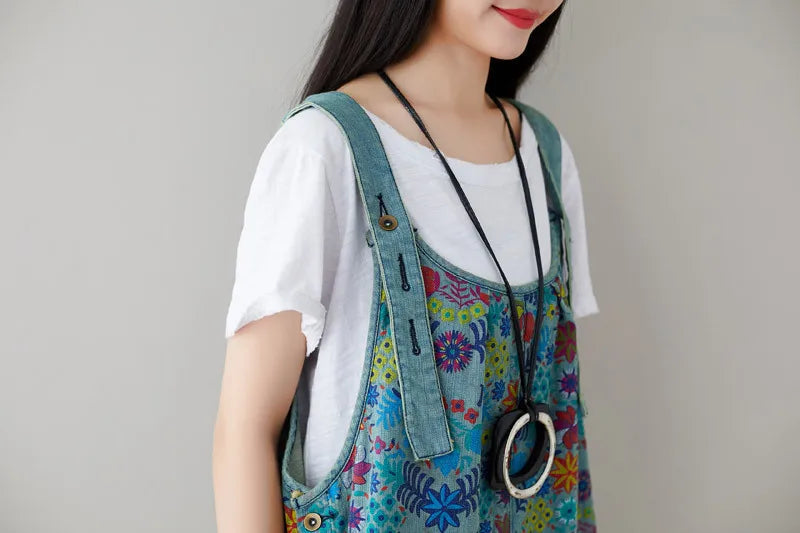 Jean Women Overalls Washed Denim Bleached Wide Leg Pants Hole Ripped Ankle Length Jeans Distressed Pockets Print Casual Aviola