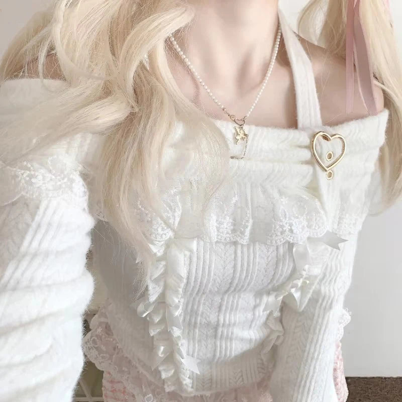 MEXZT Kawaii Pink Slash Neck Sweater Women Lolita Lace Patchwork Knitted Pullovers Y2K Cropped Halter Knitwear Aesthetic Jumpers Aviola