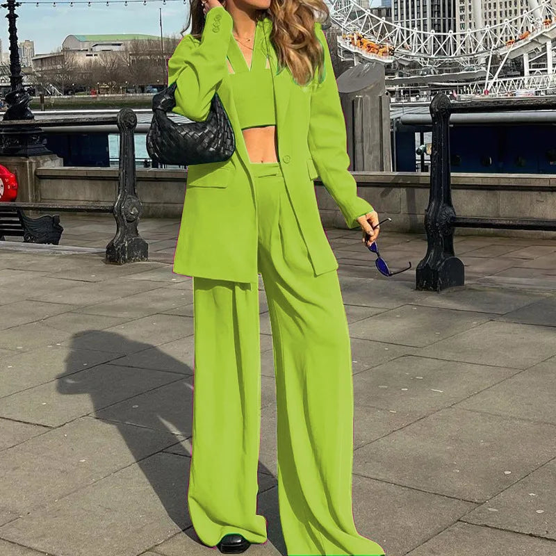 Women Tracksuit Three Pieces Set Turn Down Collar Cardigan Single Button Solid Outerwear Pockets Wide Leg Pants Office Lady Aviola
