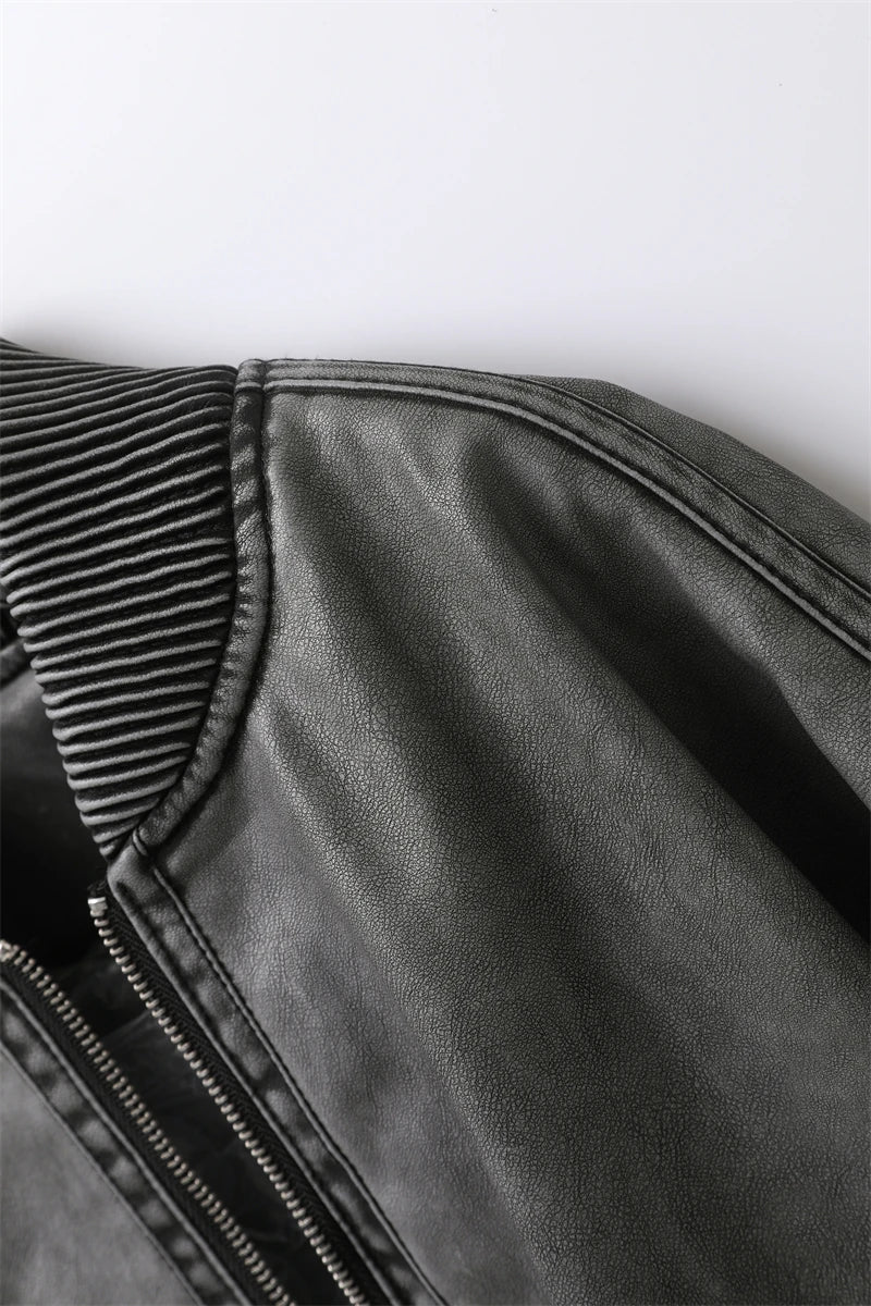 RARF 2024 Women's Wash gray new do old wash Effect Bomber Jacket Thread stand collar long sleeve PU women's coat top Aviola