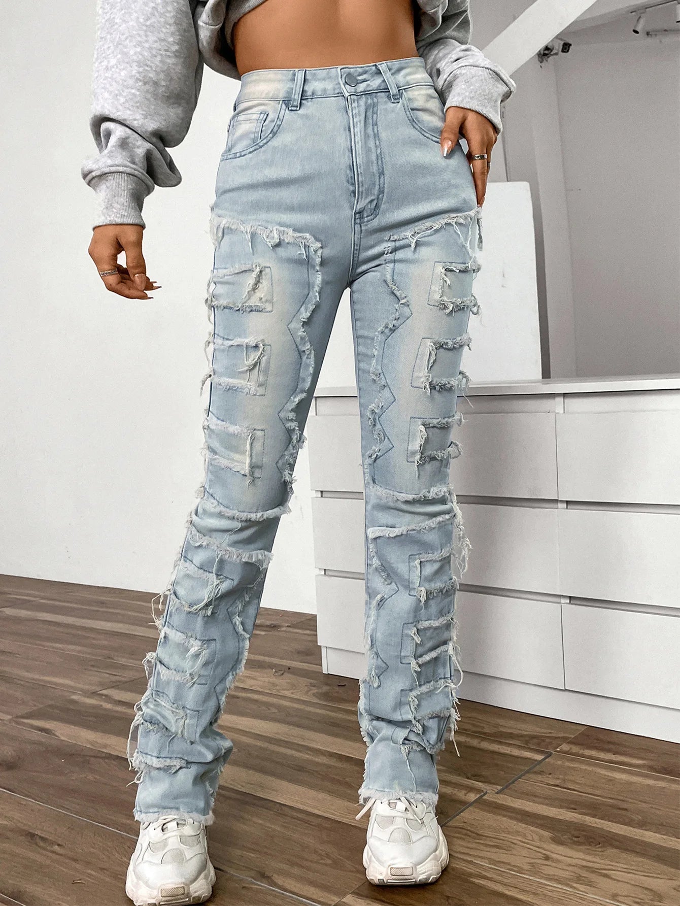Women Jeans Denim Straight Pants Spliced Patchwork High Street Slim Fit Pockets Mid Waist Washing Zipper Slight Srech 2024 Aviola