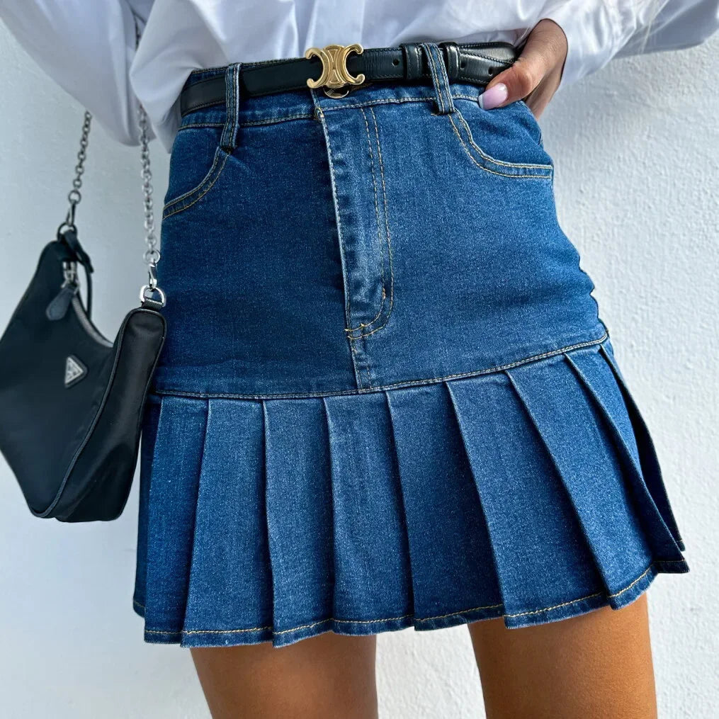 Pleated Skirt Women Vintage Denim Mini Skirts Washed Distressed Stretch High Waist Above Knee Spring Summer Y2k Jeans Streetwear Aviola