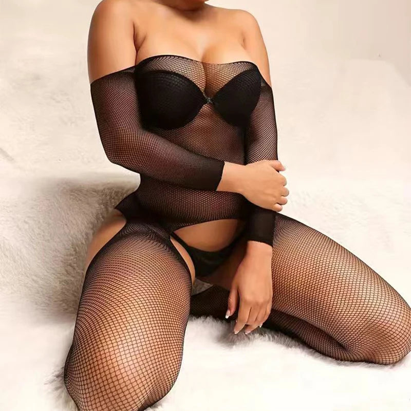 Rose Sexy Fishnet Bodysuit Cosplay Costumes Erotic Crotchless Lingerie Women Off Shoulder Full Body Stockings Mesh Sexy Costumes Aviola