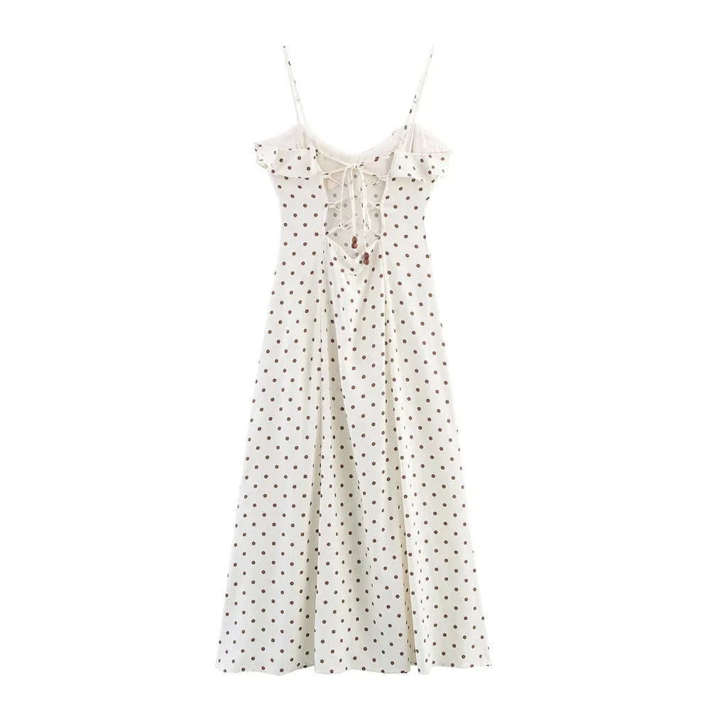 BM&MD&ZA2025French polka dot ruffled back strap bow decoration V-neck suspender waist dress long skirt Aviola