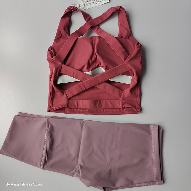 2PCS  Women Yoga Set Workout Sports Bra Set Sportswear Gym Clothing Fitness Long Sleeve Crop Top High Waist Shorts Sports Suits Aviola