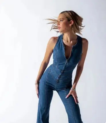 One Piece Denim Jumpsuit Summer New Slim Thin Backless High Waist Overalls Jeans Sleeveless Zipper V Neck Rompers Long Pants Aviola