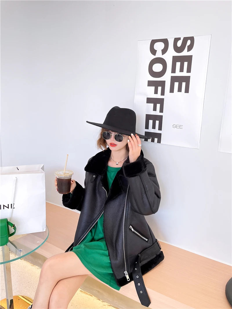 RARF The new  women's jacket with extra thick warm and extra thick lamb feather rider jacket with artificial fur Aviola