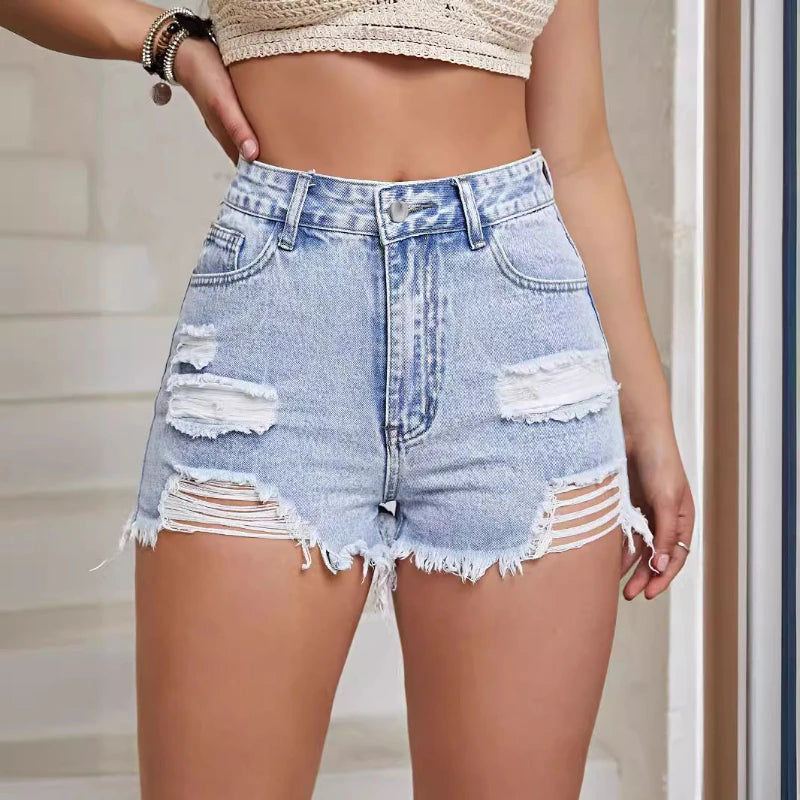 Denim Pants Women Shorts Jeans Short Pants Hole Slim High Waist Trousers Y2k Streetwear Casual Splice Summer 2025 Mom Jeans Aviola