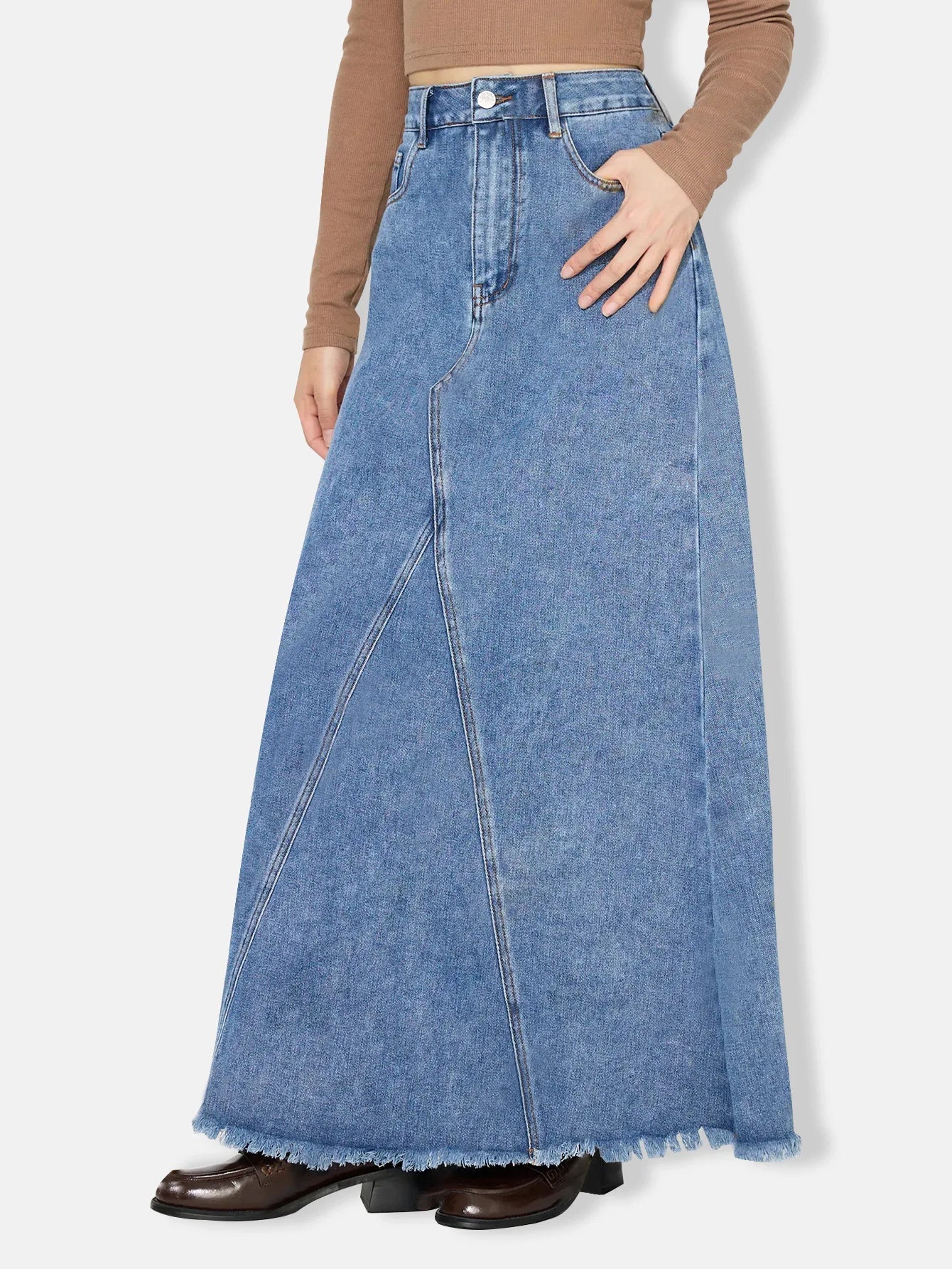 Denim Skirt Women Vintage Long Skirts High Waist Distressed Washed Button Pockets Summer Mom Jeans Y2k A Line Streetwear 2025 Aviola