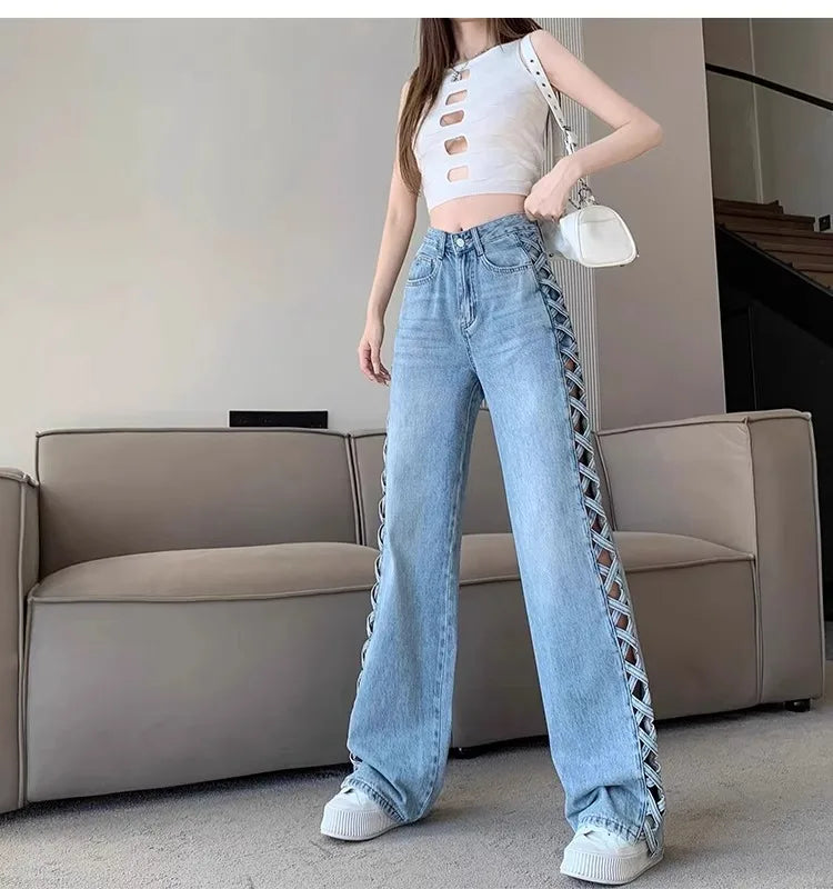 Women Casual Mom Jeans Hollow Out High Waist Trousers Button Zipper Wide Leg Pant Office Lady Loose Spring Club Y2k Streetwear Aviola