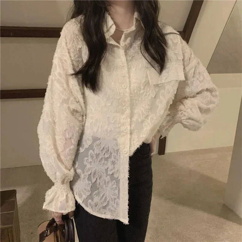 MEXZT Lace Blouses Women Sexy See Through Tassel Loose Sunscreen Shirts Summer Korean Sweet Elegant Casual Sun Protection Tops Aviola