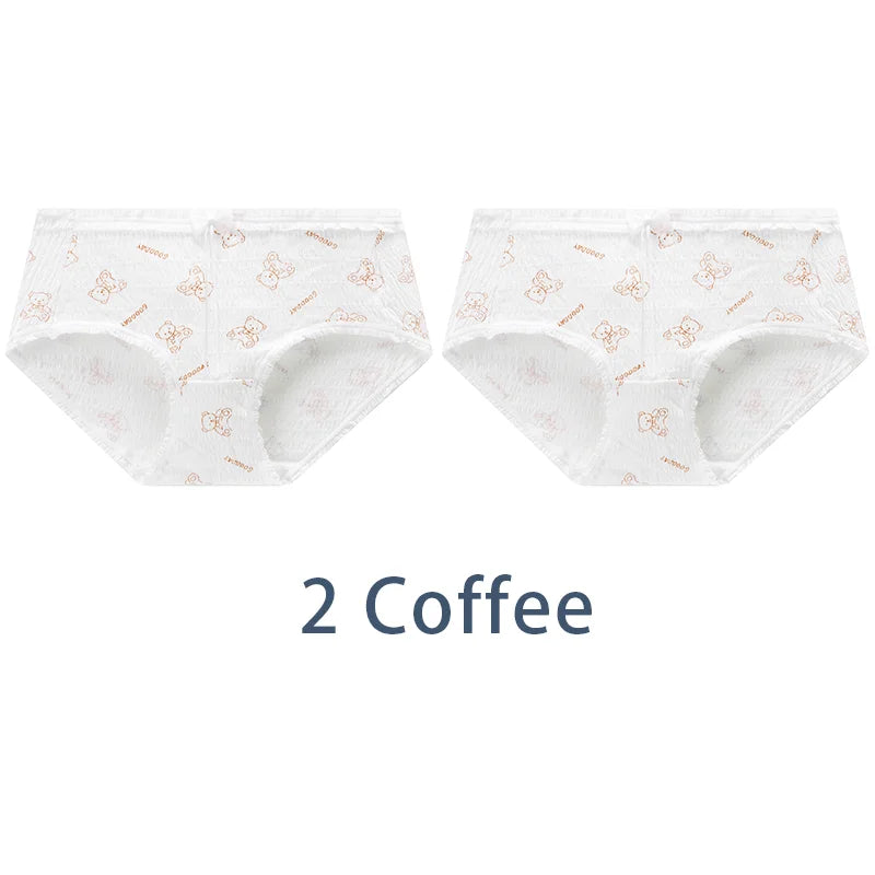 2PCS/Set Women Cotton Panties Girls Cute Bear Briefs Bow Mid Waist Underpants Girls Cartoon Underwear Female Sweet Lingerie Aviola