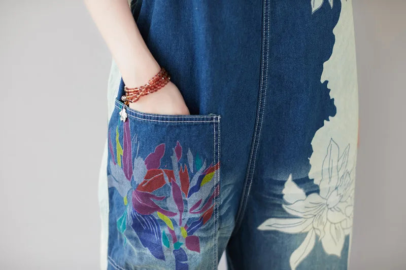 Ankle Length Denim Overalls Women Jeans Spliced Wide Leg Pants Streetwear Washed Jean Loose Fit Pockets 2024 Print Summer Aviola