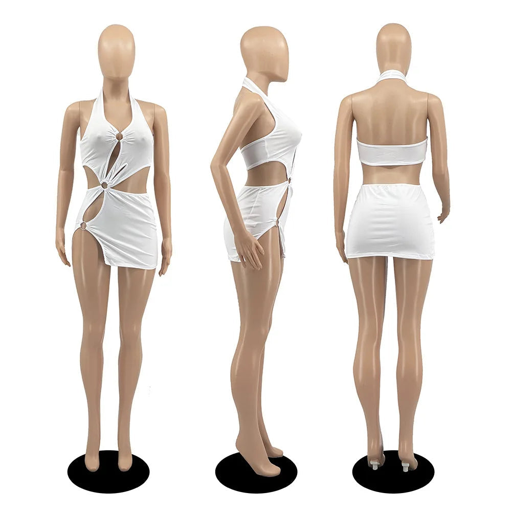 European and American women's Y2K milk silk solid color short skirt sexy sleeveless hollow out dress Aviola