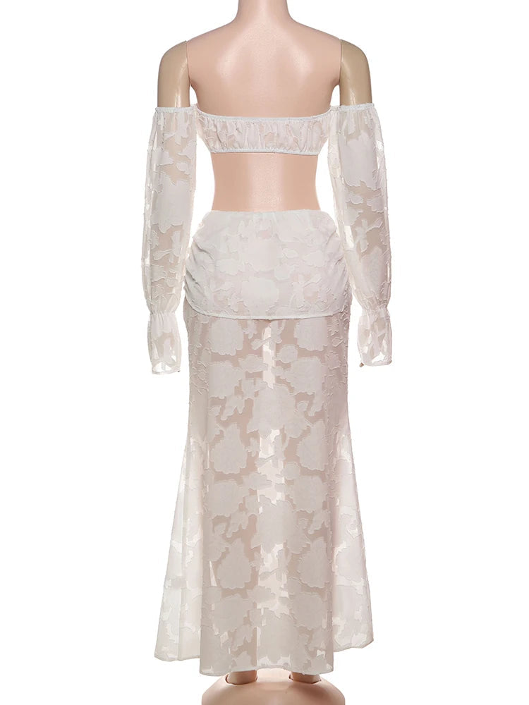 Nibber Beach Party Mesh Patchwork 2 Piece Set Women Sexy Slash Neck Flared Sleeve Crop Tops+A-Line Long Skirts Elegant Suits Aviola