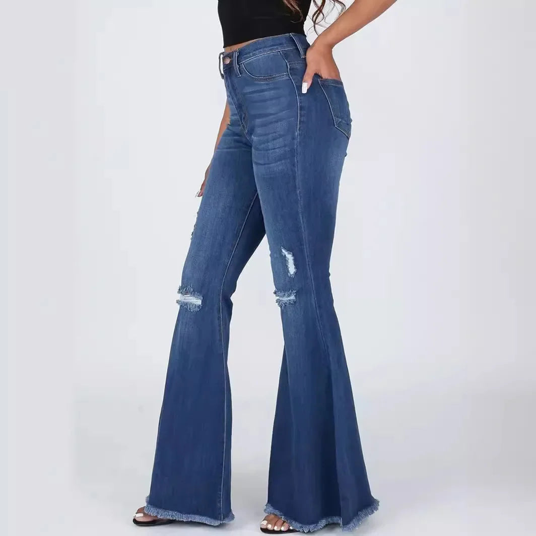 Flare Pants Ripped Jeans for Women Streetwear Mid Waist Stretch Washed Distressed Casual Denim Trousers Hole Boot Cut Mom 2025 Aviola