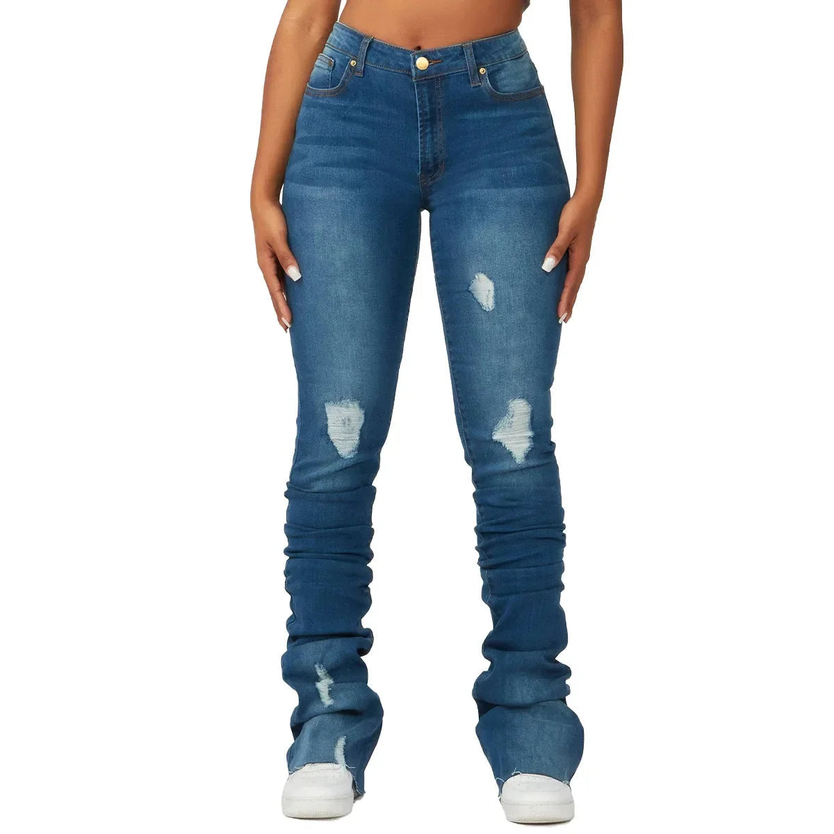 Washed Denim Straight Pants Women Ankle Length Jean Ripped Hole Distressed Pockets Solid Casual Skinny Vintage High Waist Aviola