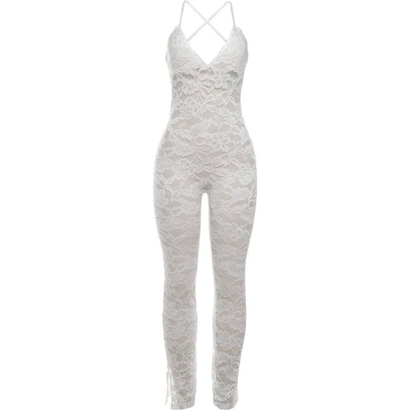 Nibber Summer 2024 Lace Jumpsuit Women Elegant Sexy Cross Backless Deep v-Neck Sleeveless Skinny Stretch Midnight Club Overalls Aviola