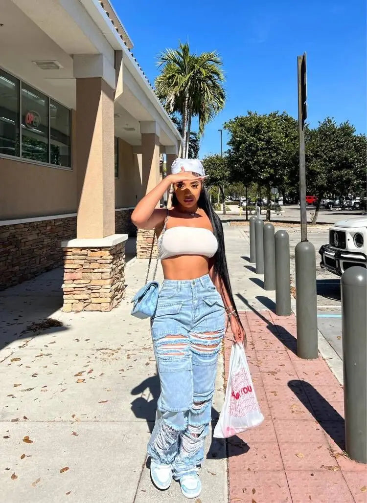 Women Jeans Denim Patchwork Straight Pants Holes Distressed Pockets Washing High Street Low Waist Zipper Fly Flat Winter Aviola
