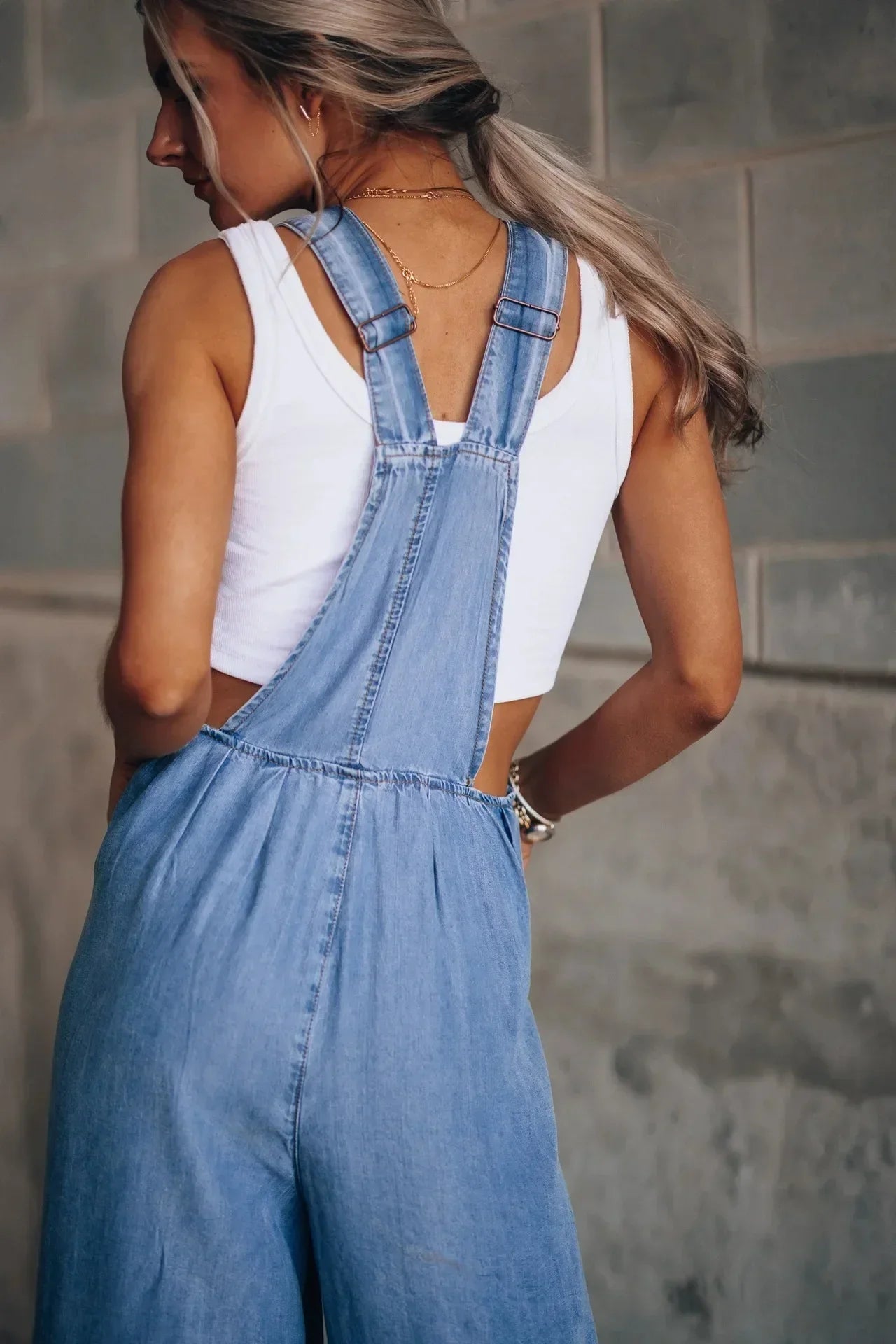 Pocket Design Wide Leg Suspender Denim Jumpsuit for Women Overall Cowboy BibSquare Neck Daily Regular Fit Sleeveless Summer Fall Aviola