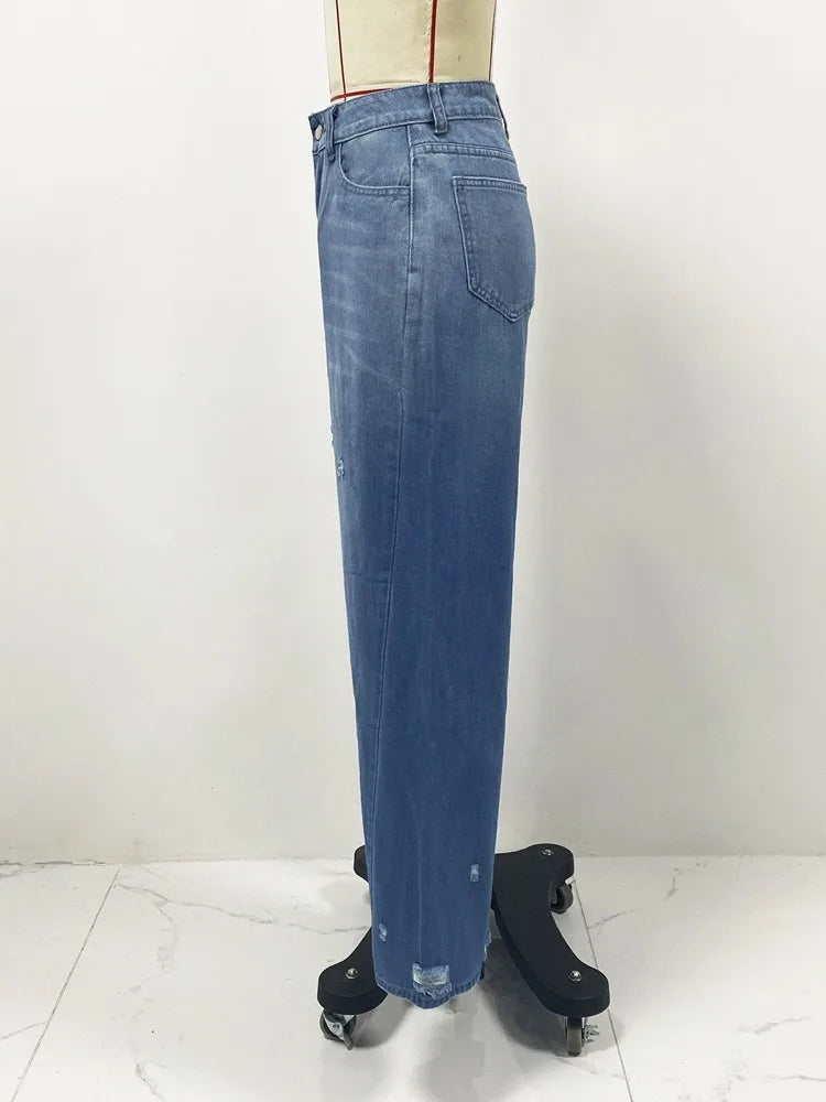 Women Denim Holes Jeans Washing Pencil Pants High Waist Zipper Mom Fly Slim Wide Leg Pockets Full Length Spring 2025 Streetwear Aviola