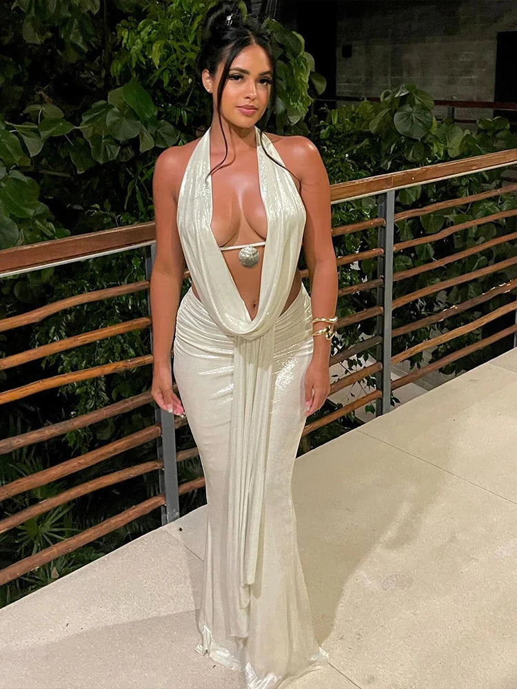 Nibber Trend Sexy Women 2 Piece Set Glitter Sheet Metal Backless Shalter Tank Tops+Ribbon Skirts Tight Vacation Matching Suits Aviola