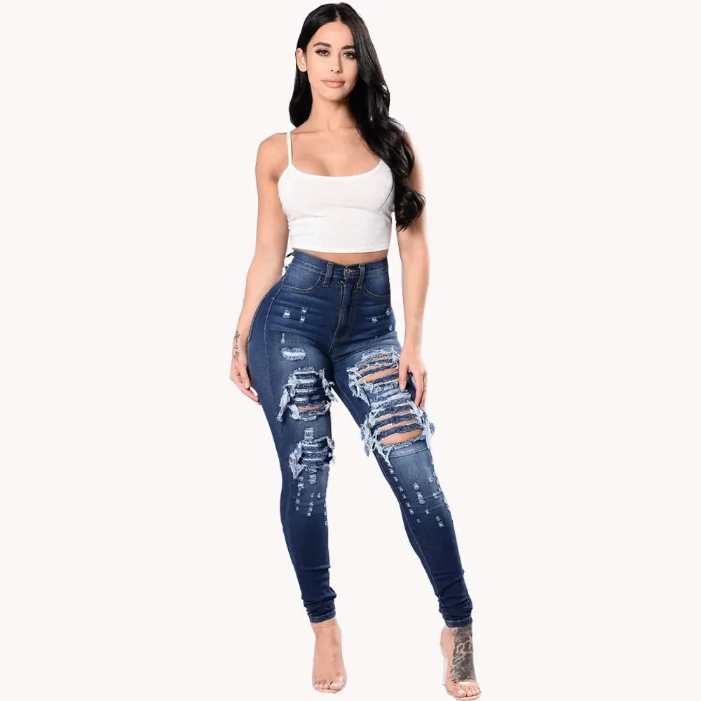 Jeans Women Hole Denim Pencil Pants Ripped Skinny Ankle Length Trousers Stretch High Waist Distressed Washed 2025 Streetwear Aviola