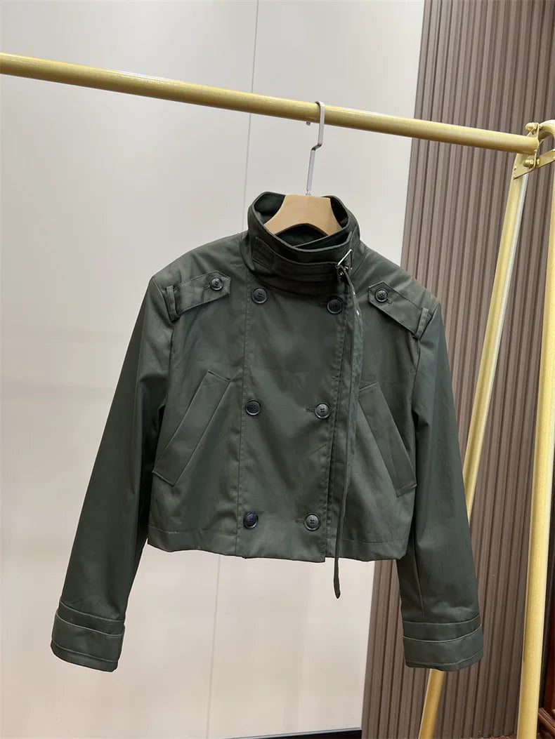 RARF 2024 autumn new women's fashion pocket double breasted waxed leather short trench coat women's top coat Aviola