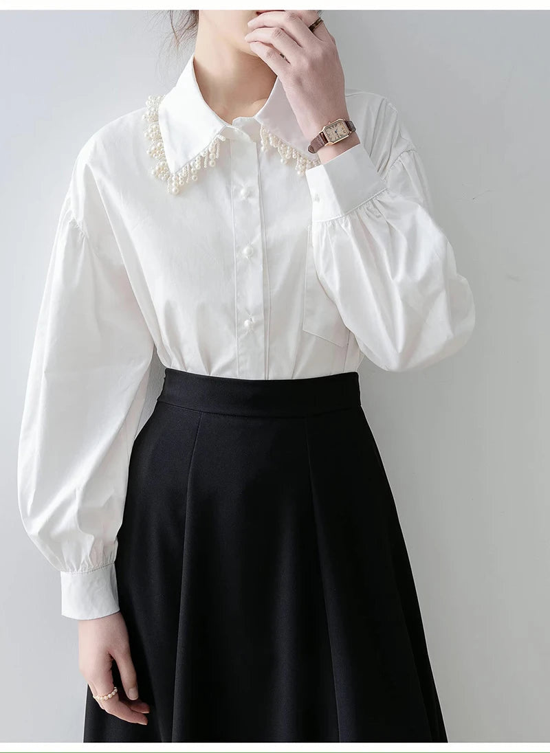 MEXZT Elegant White Shirts Women Fashion Beading Patchwork Blouses Office Ladies Korean Long Sleeve Pocket Design Casual Tops Aviola