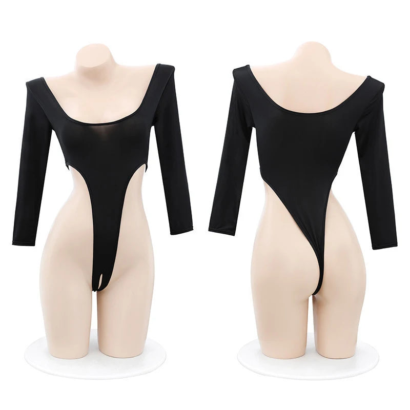 Black Sexy Bodycon T Shirts For Women Y2k Summer Tops Tees Long Sleeve Off Shoulder T-shirts Female Streetwear Crotchless Tshirt Aviola