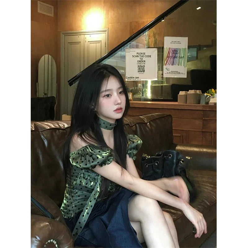 MEXZT Vintage Polka Dots Shirts Women Elegant Cropped Puff Short Sleeve Blouses Summer Korean Square Collar Slim Design Tops New Aviola