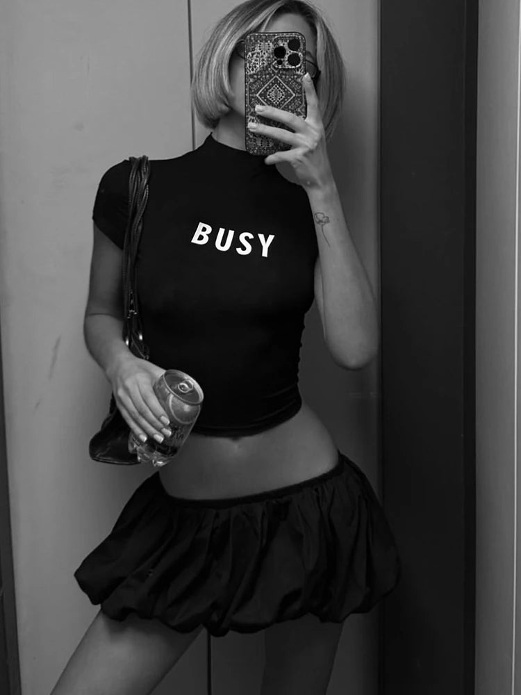 Nibber Hottie Casual 2 Piece Set Women Letter Print Shorts Sleeve Crop Tops+Puffy Skirt Simple Basic Matching Streetwear Outfits Aviola