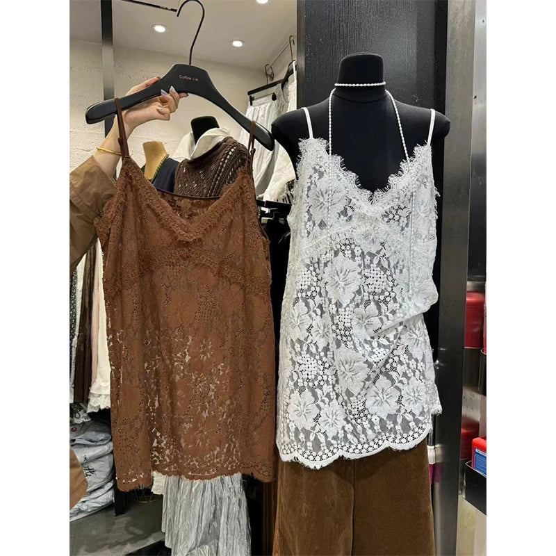MEXZT Lace Sheer White Tank Top Women Y2K Sexy V Neck Black Camis Fashion Gyaru Streetwear Korean Hollow Out Design Casual Tees Aviola