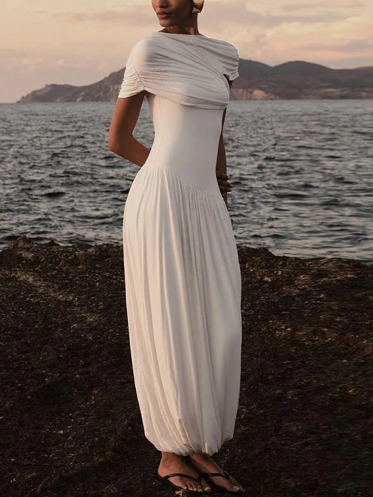 Nibber Solid Ruched Elegant Dress Women Summer Trend o-Neck Short Sleeve Ruffles Hem Vacation Beach Party Style Long Bodycon Aviola