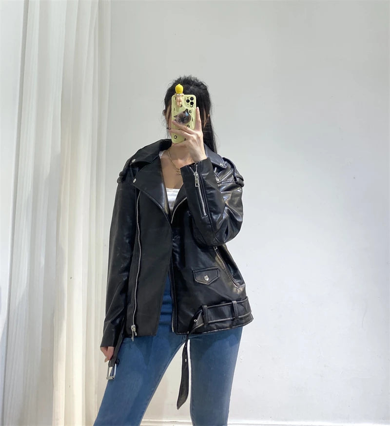 RARF  New 2024 Women's motorcycle leather PU imitation leather loose jacket black jacket Aviola