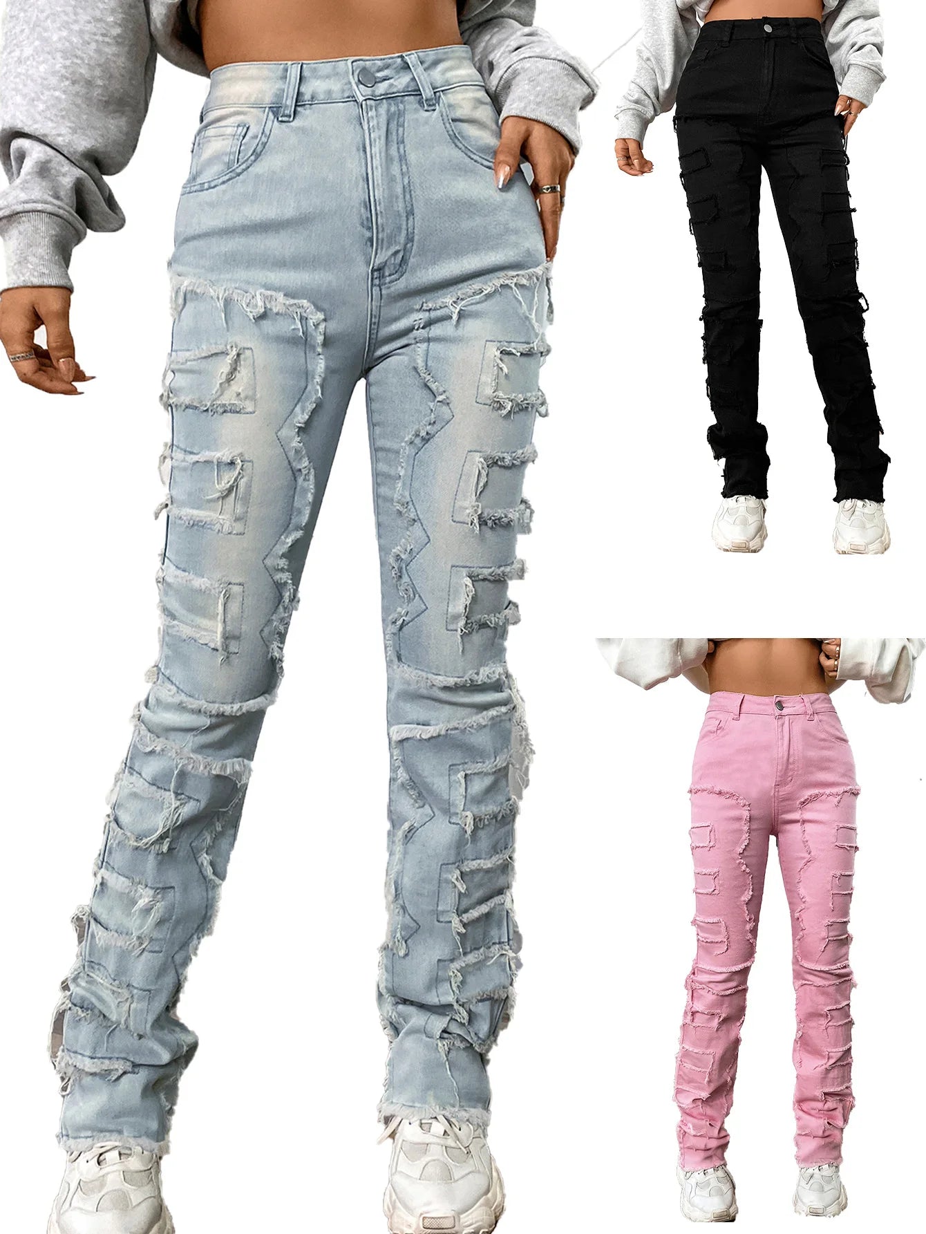 Women Jeans Denim Straight Pants Spliced Patchwork High Street Slim Fit Pockets Mid Waist Washing Zipper Slight Srech 2024 Aviola