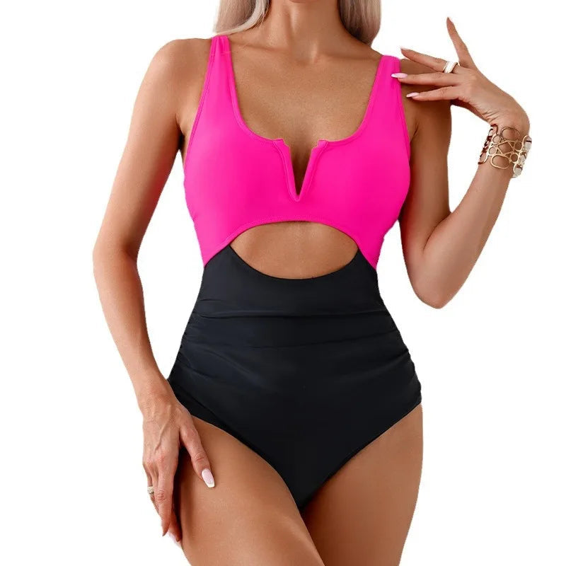 2025 Sexy Solid Color One-Piece Swimsuit Women Deep V Neck Halter Swimsuit Women One-Piece Swimsuit Bodysuit Beach Swimsuit Aviola