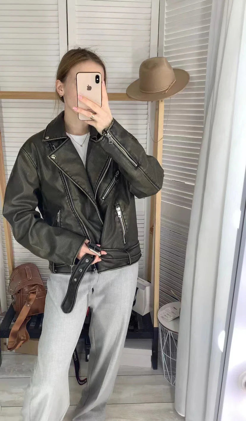 RARF ladies 2024 new vintage do old washed leather imitation leather locomotive type PU jacket women's coat top Aviola