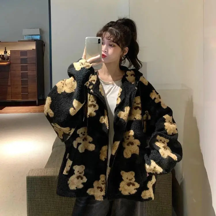 Y2K imitation lamb plush women's cotton jacket, little bear couple loose and lazy style, winter thick hooded jacket Aviola